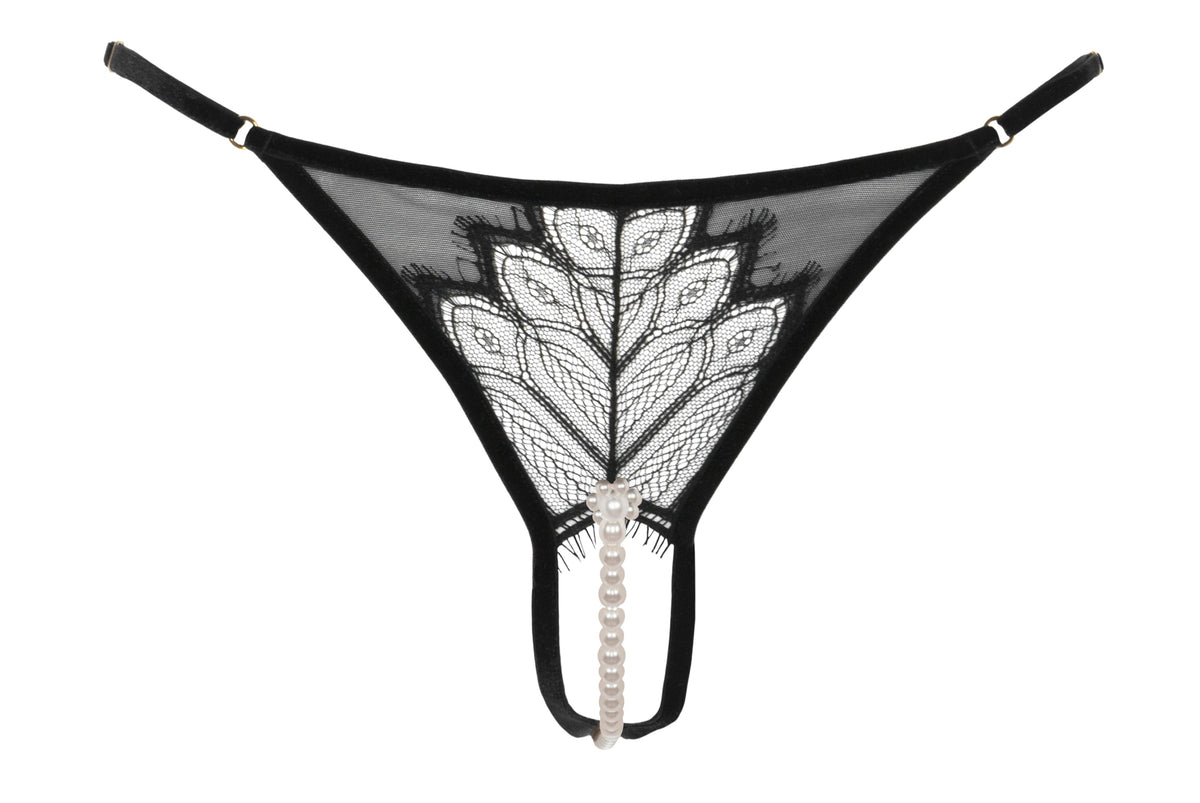 Kyoto G-String - Black Leavers Lace and Velvet Thong - Bracli